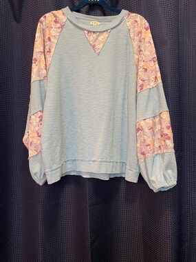 POL Pale Blue Sweatshirt with Pink Floral Balloon Sleeves